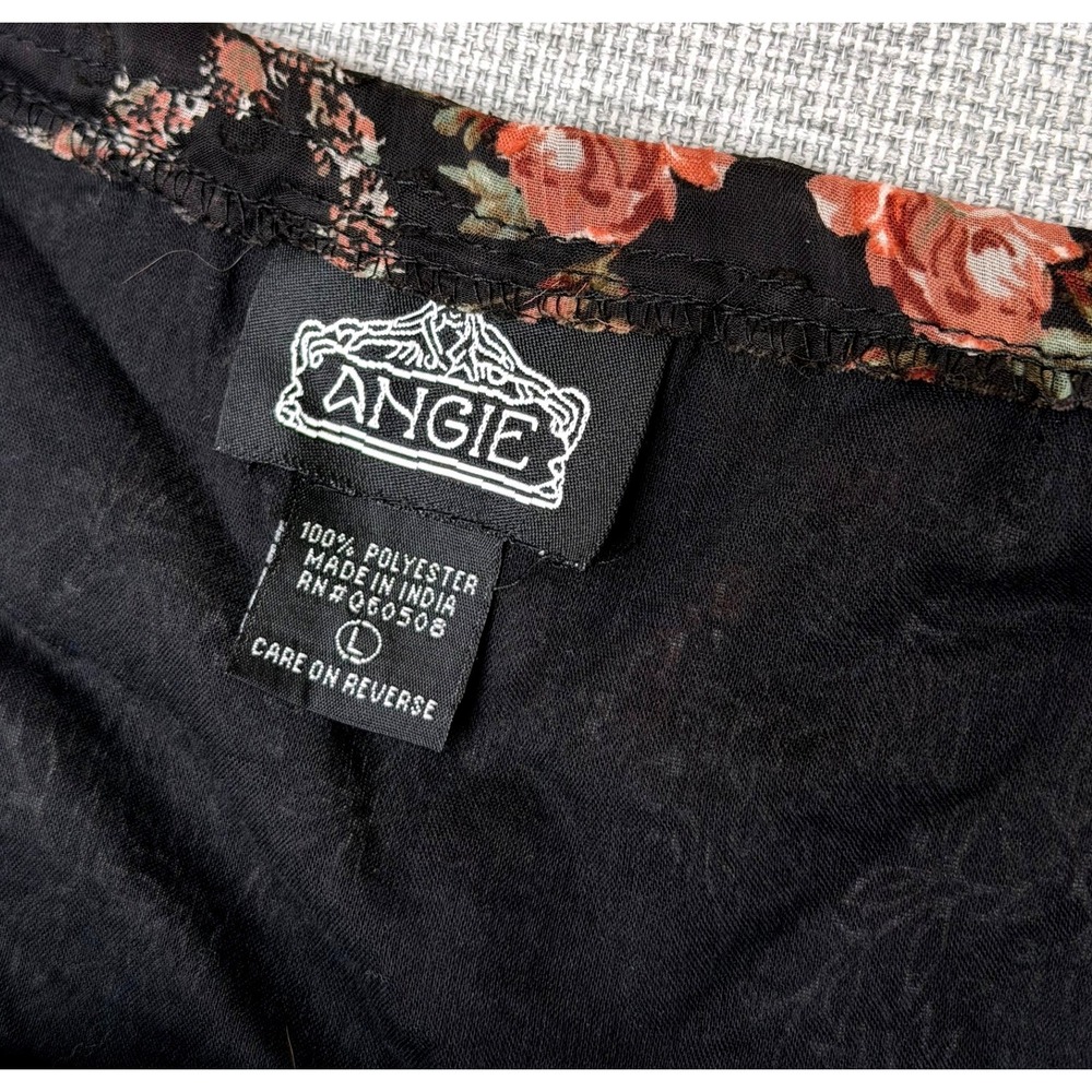 Angie Floral Patchwork High-Low Dress Black Pink Smocked V-Neck Bow Back Large - Picture 5 of 5